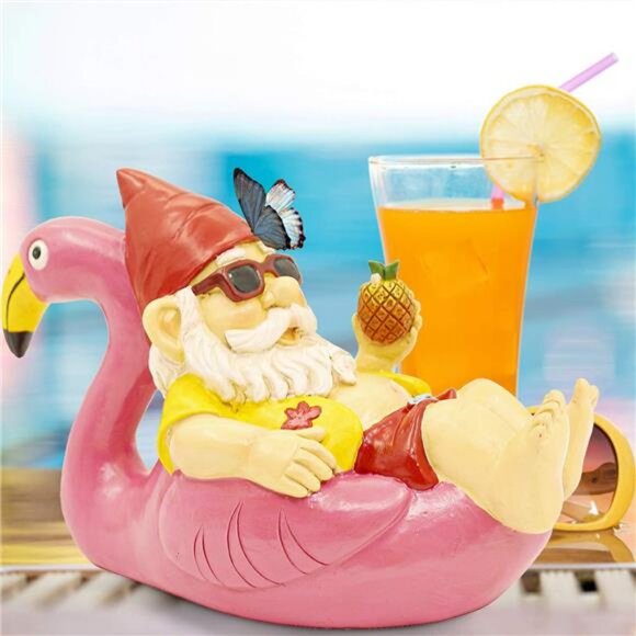 Garden Gnome on Flamingo, Polyresin Outdoor Decor, Funny Lawn Statue Figurine - Picture 2 of 5